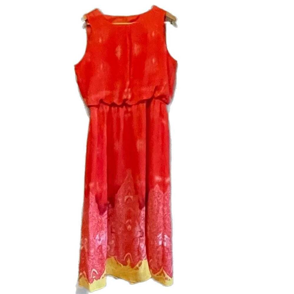 Peter Nygård‎ Red and Orange Abstract Print Sleeveless Blouson Maxi Dress Sz.16